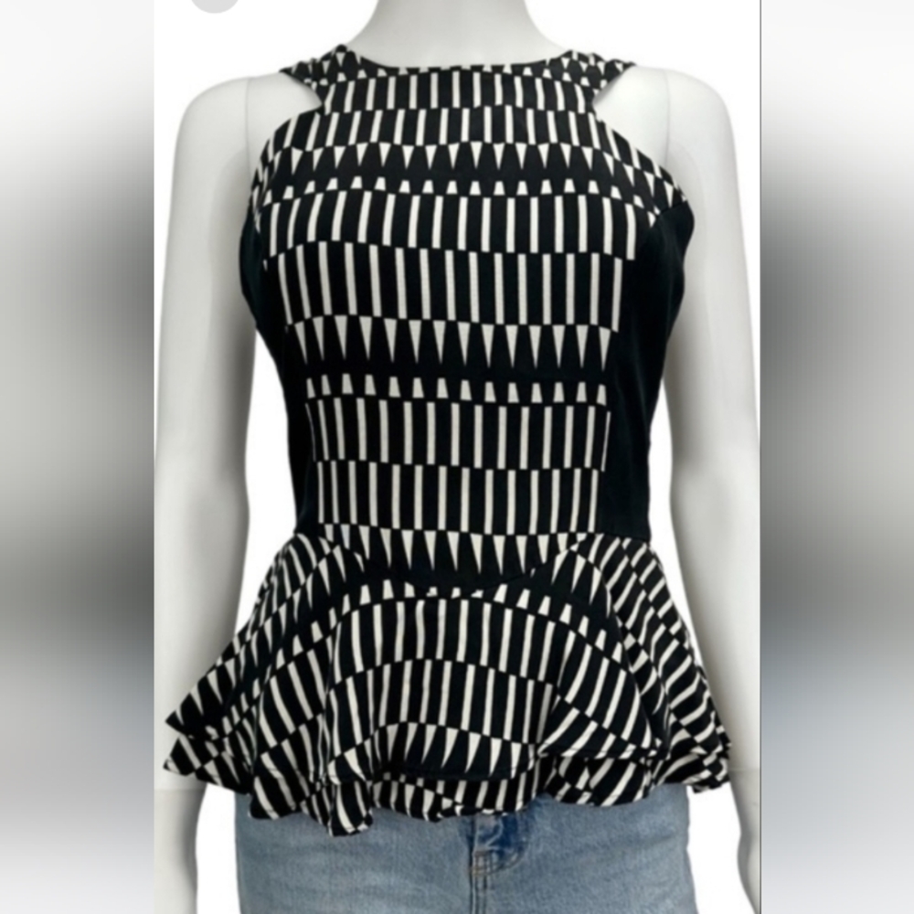 Parker Black White Geo Peplum Sleeveless Stretch Rear Zip Slimming Black Sides M